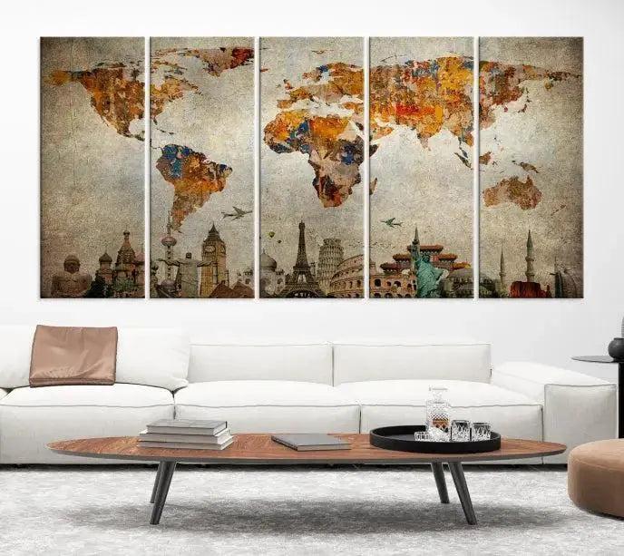 Edit-Images-Map of the World and Seven Wonders Grunge Wall Art Canvas Print