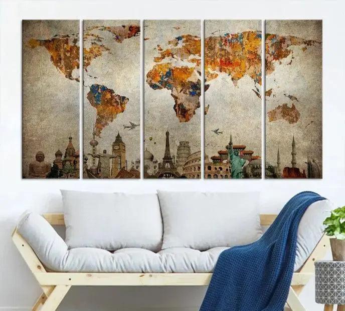 Edit-Images-Map of the World and Seven Wonders Grunge Wall Art Canvas Print