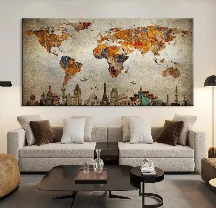 Edit-Images-Map of the World and Seven Wonders Grunge Wall Art Canvas Print