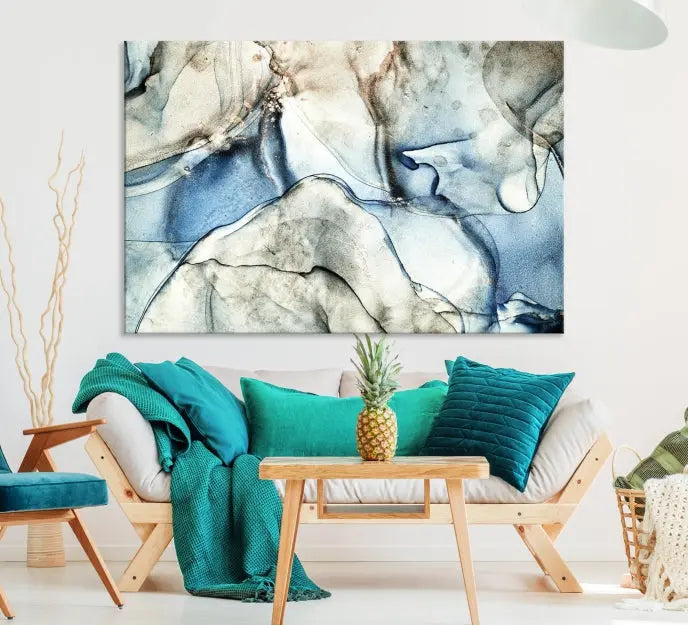 Introducing the Marble Fluid Effect Wall Art Abstract Canvas Wall Art Print, featuring a stunning triptych design with blue and beige swirls on museum-quality canvas.