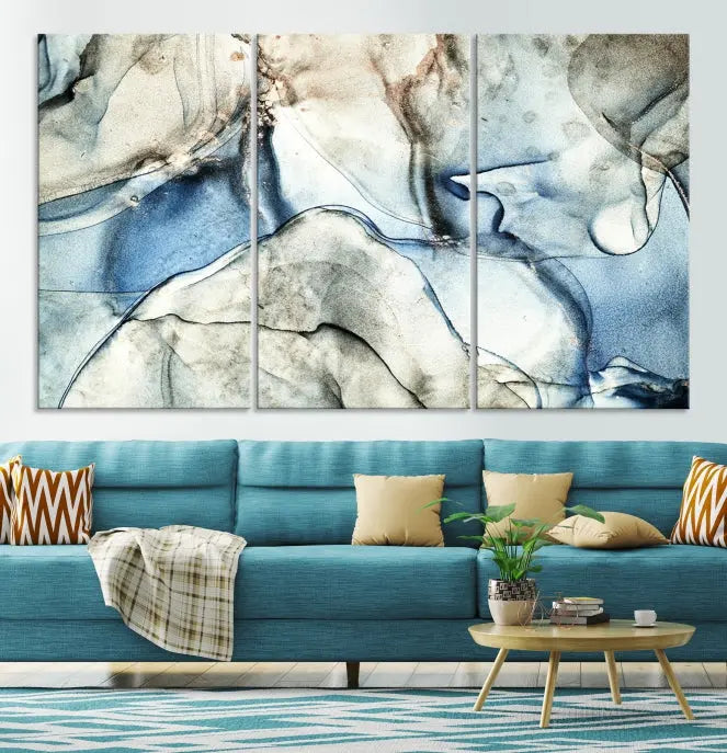 Introducing the Marble Fluid Effect Wall Art Abstract Canvas Wall Art Print, featuring a stunning triptych design with blue and beige swirls on museum-quality canvas.