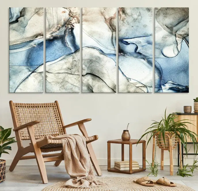 Introducing the Marble Fluid Effect Wall Art Abstract Canvas Wall Art Print, featuring a stunning triptych design with blue and beige swirls on museum-quality canvas.