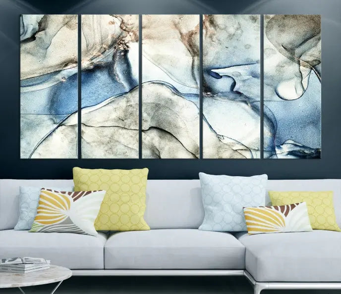 Introducing the Marble Fluid Effect Wall Art Abstract Canvas Wall Art Print, featuring a stunning triptych design with blue and beige swirls on museum-quality canvas.