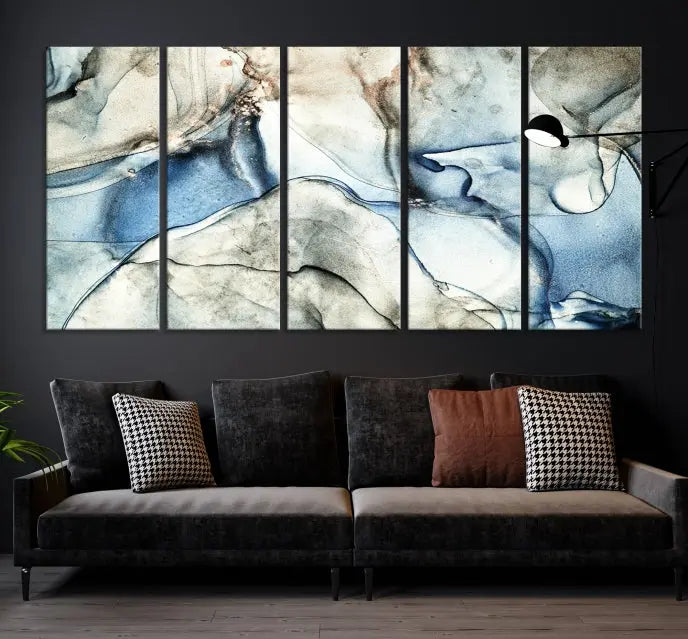 Introducing the Marble Fluid Effect Wall Art Abstract Canvas Wall Art Print, featuring a stunning triptych design with blue and beige swirls on museum-quality canvas.