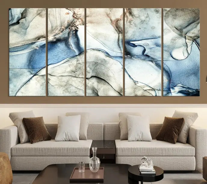 Introducing the Marble Fluid Effect Wall Art Abstract Canvas Wall Art Print, featuring a stunning triptych design with blue and beige swirls on museum-quality canvas.