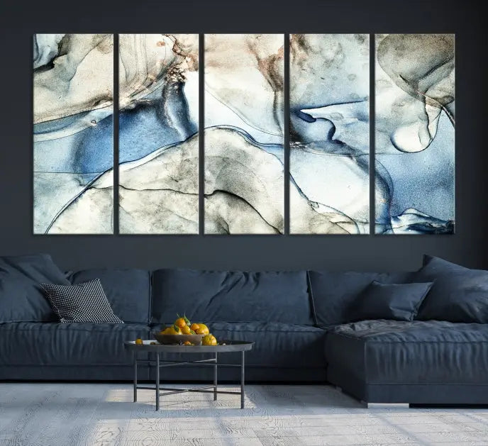 Introducing the Marble Fluid Effect Wall Art Abstract Canvas Wall Art Print, featuring a stunning triptych design with blue and beige swirls on museum-quality canvas.