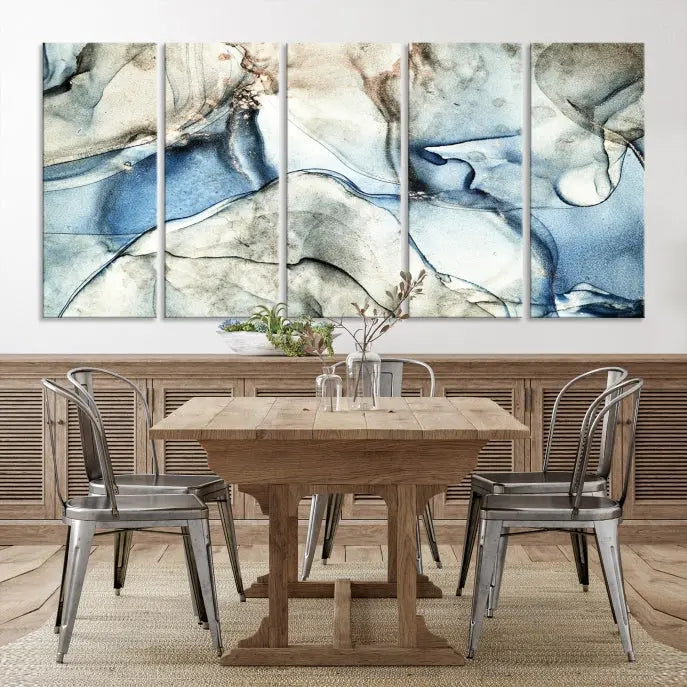 Introducing the Marble Fluid Effect Wall Art Abstract Canvas Wall Art Print, featuring a stunning triptych design with blue and beige swirls on museum-quality canvas.