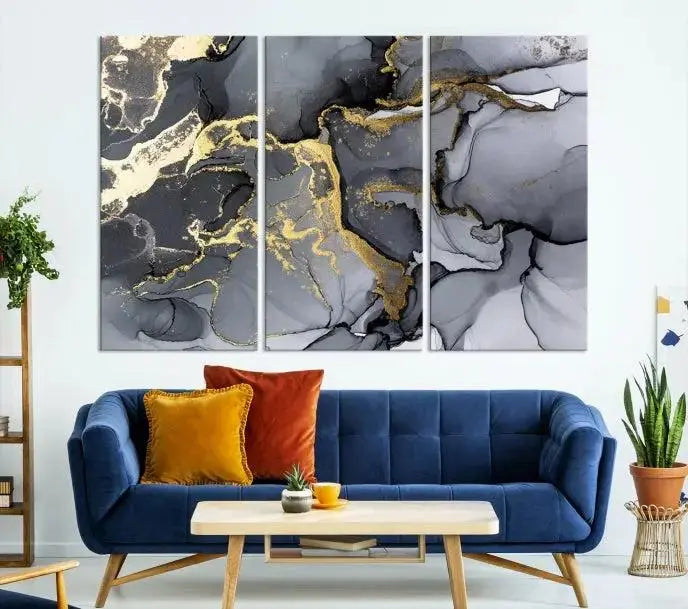 The "Marble Wall Art Abstract Canvas Wall Art Print" features swirls of gold, black, and gray elegantly framed.