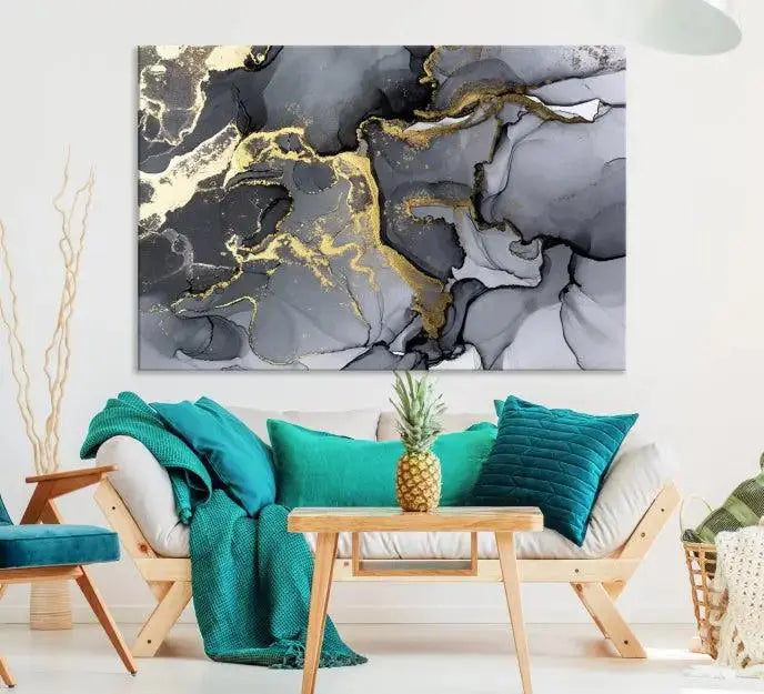 The "Marble Wall Art Abstract Canvas Wall Art Print" features swirls of gold, black, and gray elegantly framed.