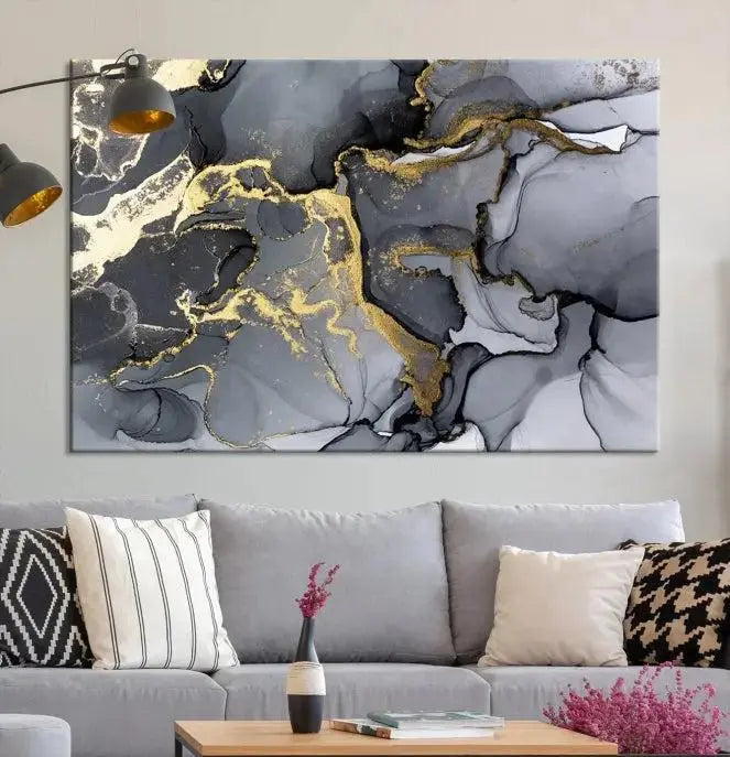 The "Marble Wall Art Abstract Canvas Wall Art Print" features swirls of gold, black, and gray elegantly framed.