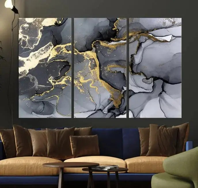 The "Marble Wall Art Abstract Canvas Wall Art Print" features swirls of gold, black, and gray elegantly framed.