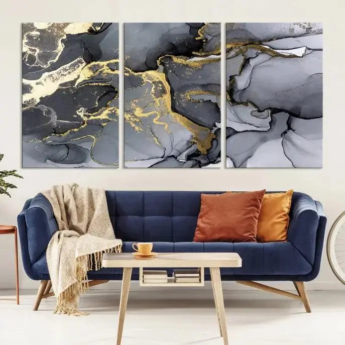 The "Marble Wall Art Abstract Canvas Wall Art Print" features swirls of gold, black, and gray elegantly framed.