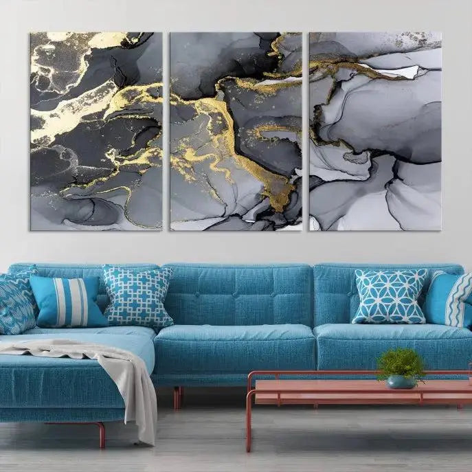 The "Marble Wall Art Abstract Canvas Wall Art Print" features swirls of gold, black, and gray elegantly framed.