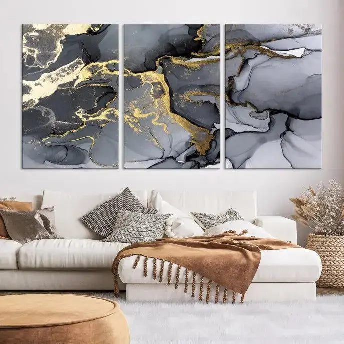 The "Marble Wall Art Abstract Canvas Wall Art Print" features swirls of gold, black, and gray elegantly framed.