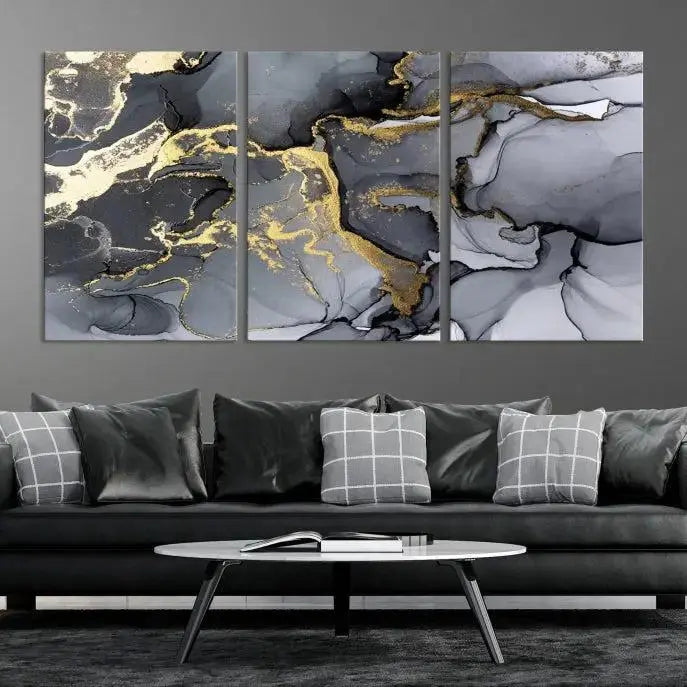 The "Marble Wall Art Abstract Canvas Wall Art Print" features swirls of gold, black, and gray elegantly framed.