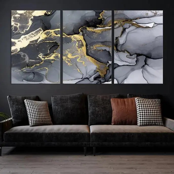 The "Marble Wall Art Abstract Canvas Wall Art Print" features swirls of gold, black, and gray elegantly framed.