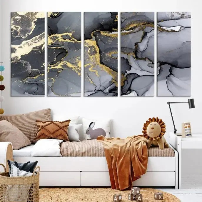 The "Marble Wall Art Abstract Canvas Wall Art Print" features swirls of gold, black, and gray elegantly framed.