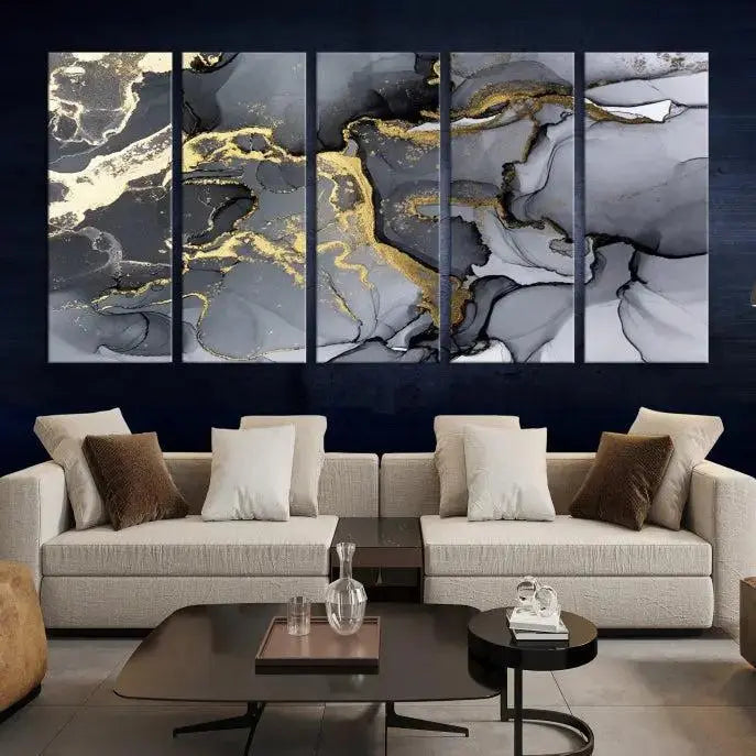 The "Marble Wall Art Abstract Canvas Wall Art Print" features swirls of gold, black, and gray elegantly framed.