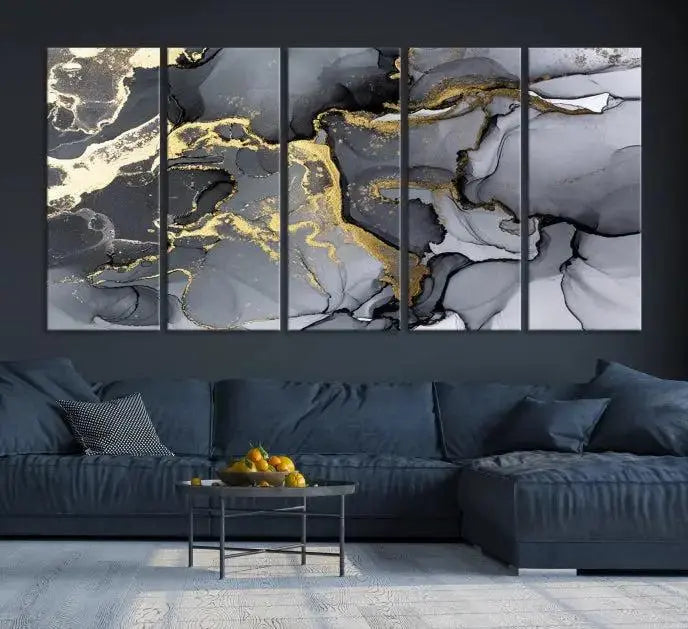 The "Marble Wall Art Abstract Canvas Wall Art Print" features swirls of gold, black, and gray elegantly framed.