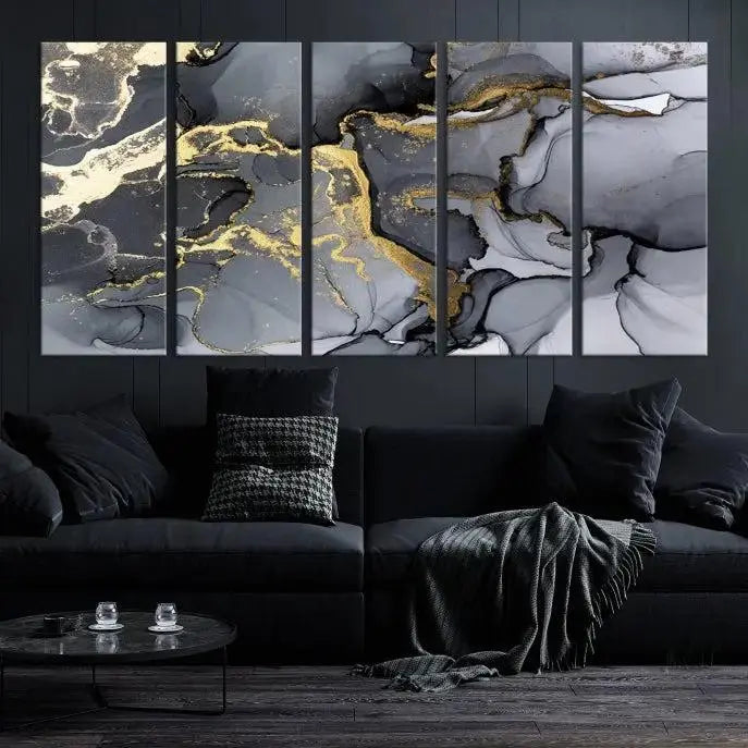 The "Marble Wall Art Abstract Canvas Wall Art Print" features swirls of gold, black, and gray elegantly framed.