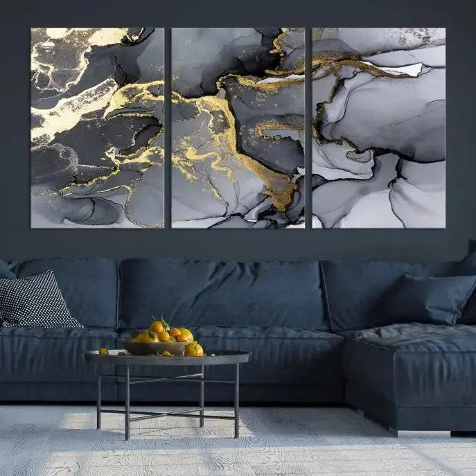 The "Marble Wall Art Abstract Canvas Wall Art Print" features swirls of gold, black, and gray elegantly framed.