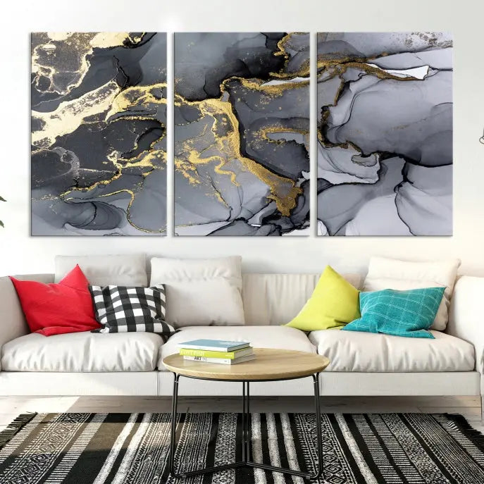 The "Marble Wall Art Abstract Canvas Wall Art Print" features swirls of gold, black, and gray elegantly framed.