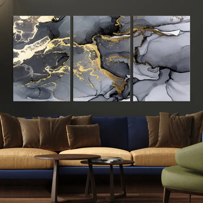 The "Marble Wall Art Abstract Canvas Wall Art Print" features swirls of gold, black, and gray elegantly framed.