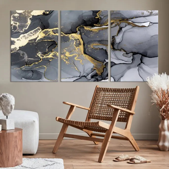 The "Marble Wall Art Abstract Canvas Wall Art Print" features swirls of gold, black, and gray elegantly framed.