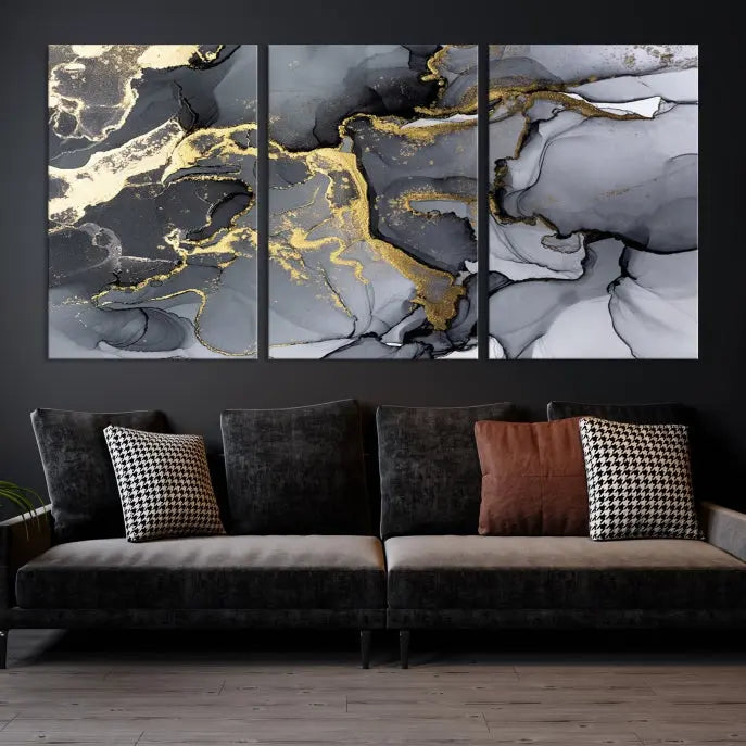 The "Marble Wall Art Abstract Canvas Wall Art Print" features swirls of gold, black, and gray elegantly framed.