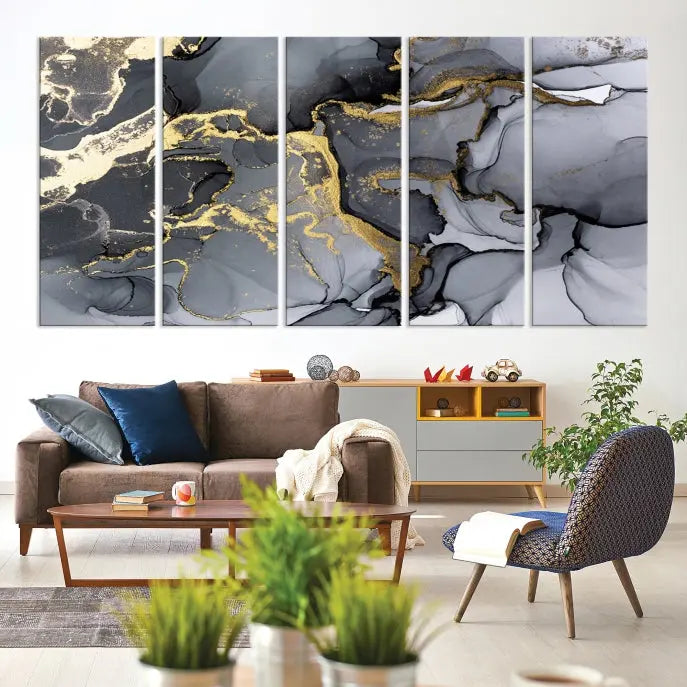 The "Marble Wall Art Abstract Canvas Wall Art Print" features swirls of gold, black, and gray elegantly framed.