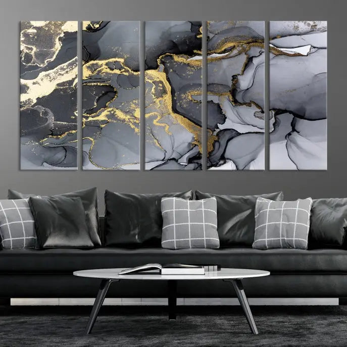 The "Marble Wall Art Abstract Canvas Wall Art Print" features swirls of gold, black, and gray elegantly framed.