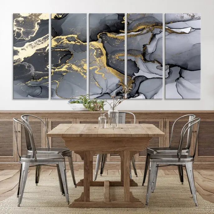 The "Marble Wall Art Abstract Canvas Wall Art Print" features swirls of gold, black, and gray elegantly framed.