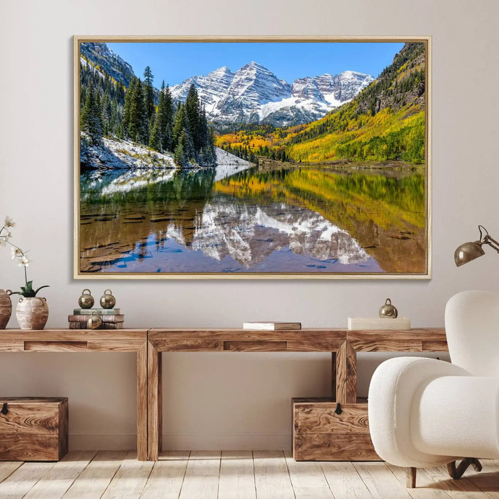 The Maroon Bells Canvas Print showcases Aspen Colorados snow-capped peaks and serene Maroon Lake.