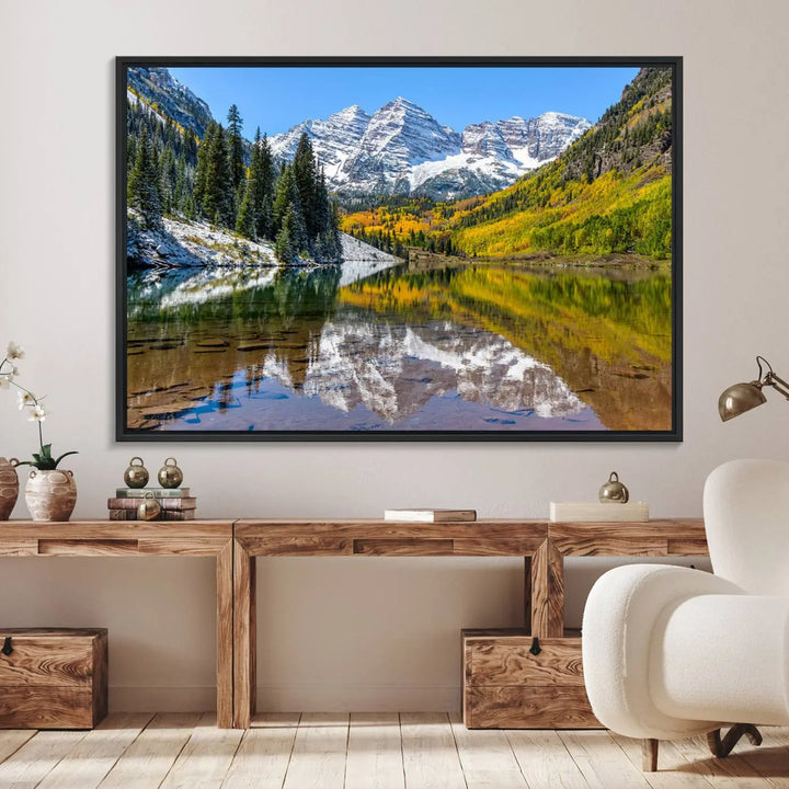The Maroon Bells Canvas Print showcases Aspen Colorados snow-capped peaks and serene Maroon Lake.