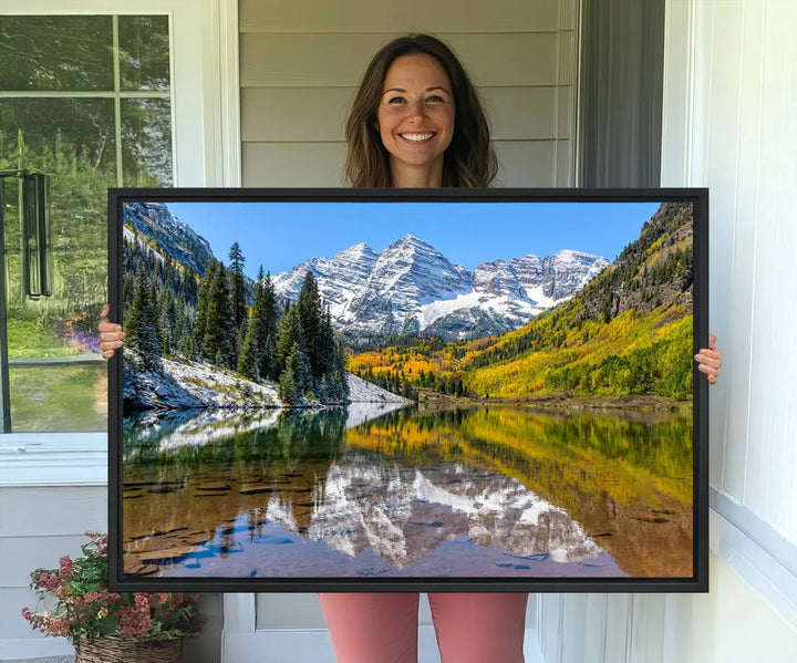 The Maroon Bells Canvas Print showcases Aspen Colorados snow-capped peaks and serene Maroon Lake.
