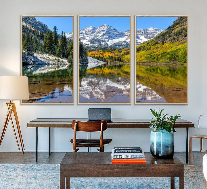 The Maroon Bells Canvas Print showcases Aspen Colorados snow-capped peaks and serene Maroon Lake.