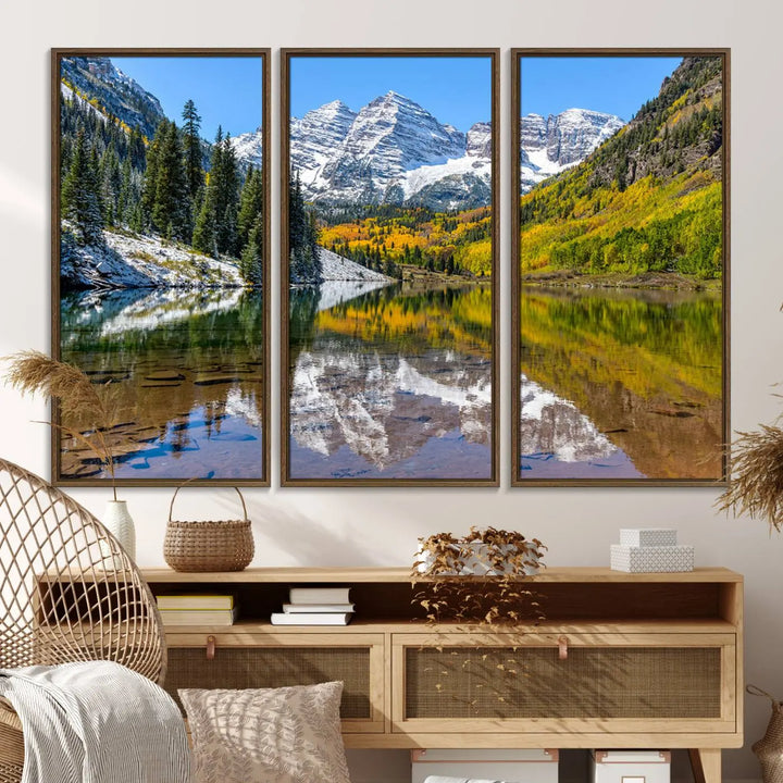 The Maroon Bells Canvas Print showcases Aspen Colorados snow-capped peaks and serene Maroon Lake.