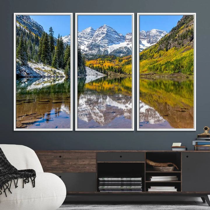 The Maroon Bells Canvas Print showcases Aspen Colorados snow-capped peaks and serene Maroon Lake.