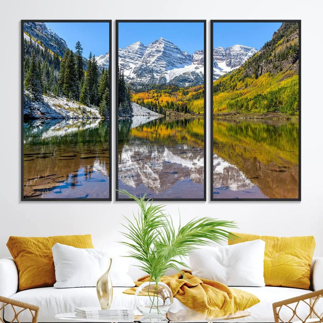The Maroon Bells Canvas Print showcases Aspen Colorados snow-capped peaks and serene Maroon Lake.