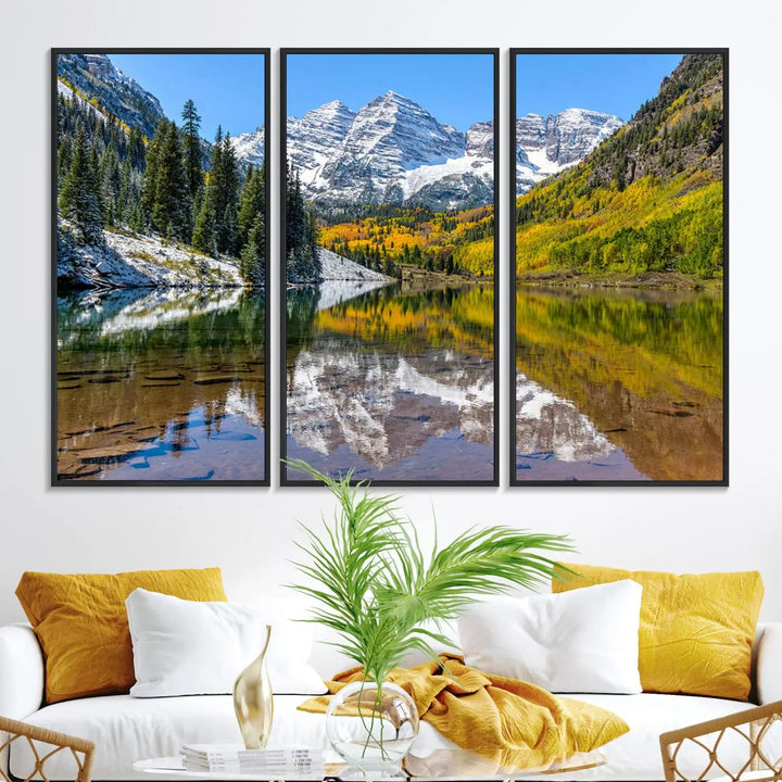 The Maroon Bells Canvas Print showcases Aspen Colorados snow-capped peaks and serene Maroon Lake.