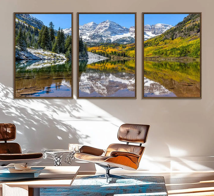 The Maroon Bells Canvas Print showcases Aspen Colorados snow-capped peaks and serene Maroon Lake.