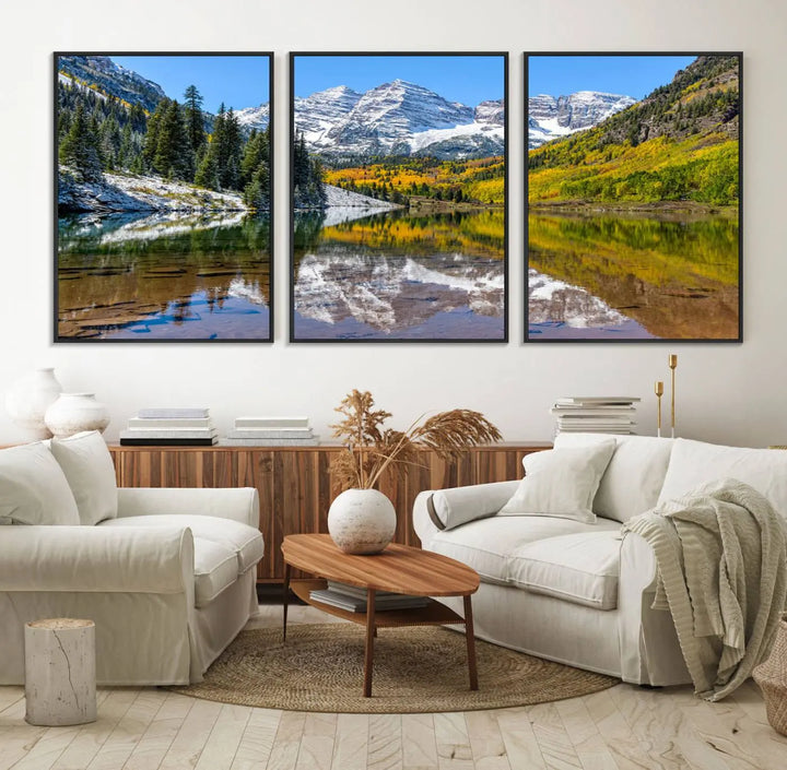 The Maroon Bells Canvas Print showcases Aspen Colorados snow-capped peaks and serene Maroon Lake.