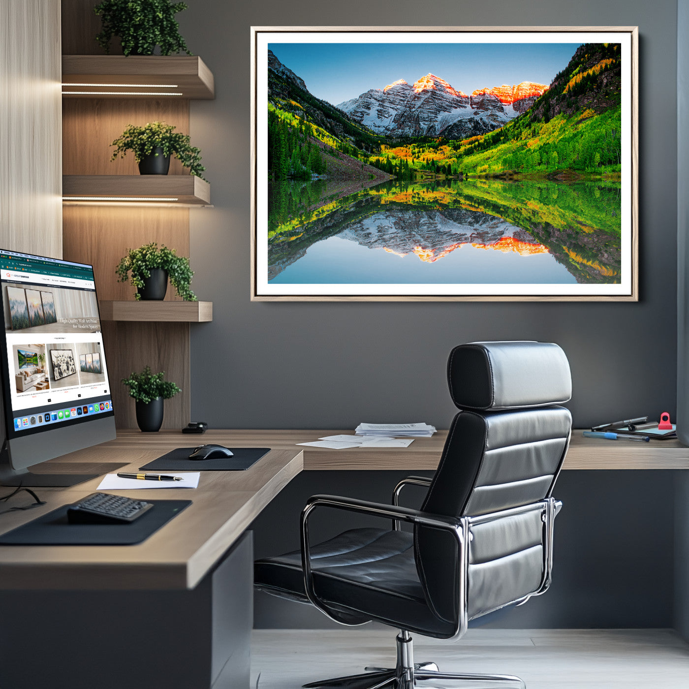 17996974-MGC-FP-36x24_Natural-Maroon Bells Lake Print Wall Art – Majestic Colorado Mountain Landscape, Autumn Reflection, Multi-Panel Framed Artwork for Home