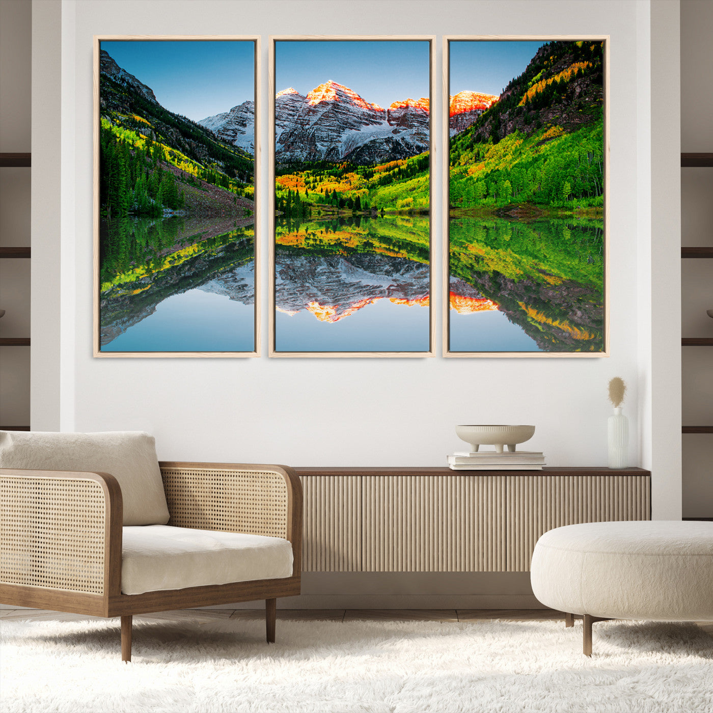 17996974-MGV-FC-48X32-3P_Natural-Maroon Bells Lake Print Wall Art – Majestic Colorado Mountain Landscape, Autumn Reflection, Multi-Panel Framed Artwork for Home