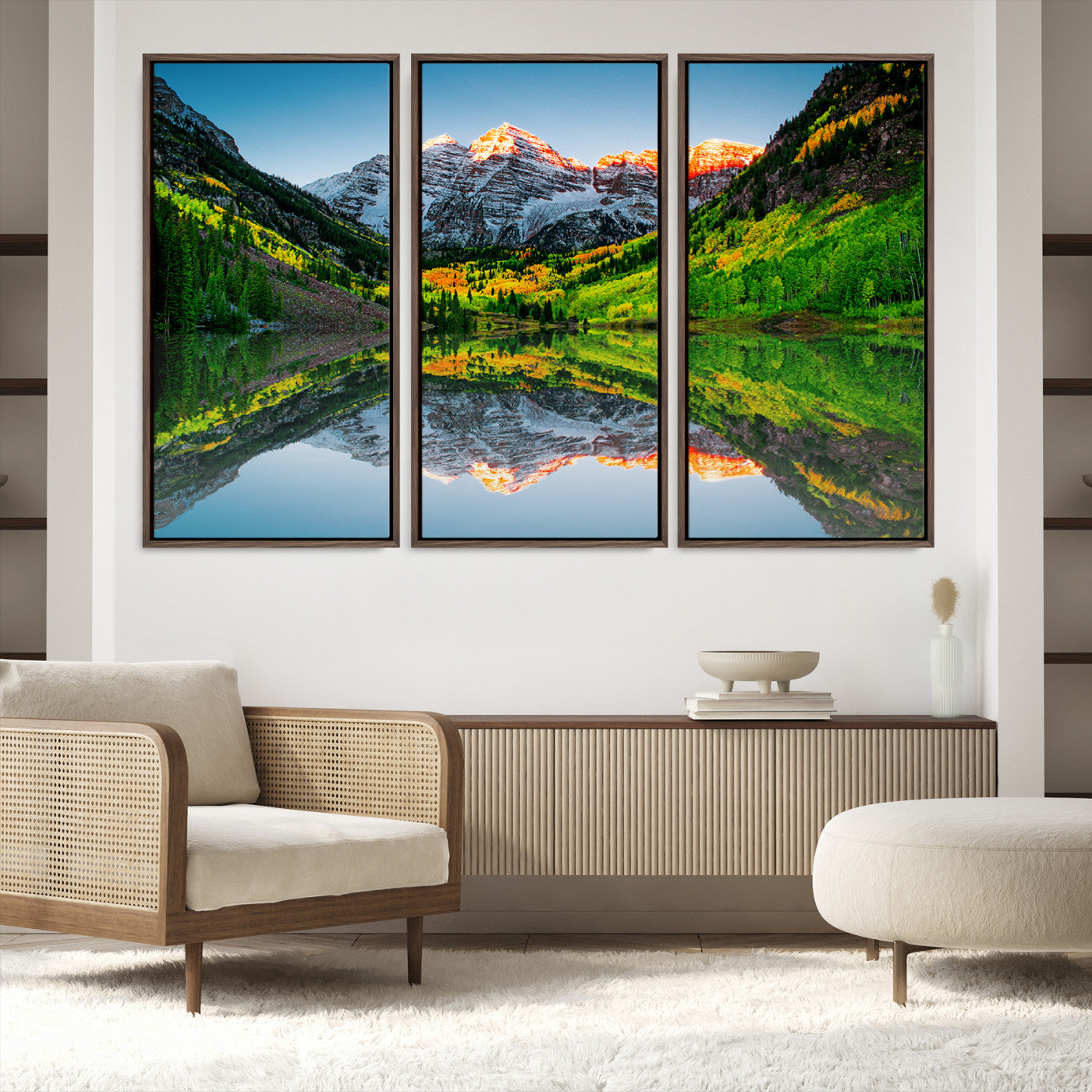 17996974-MGV-FC-48X32-3P_Walnut-Maroon Bells Lake Print Wall Art – Majestic Colorado Mountain Landscape, Autumn Reflection, Multi-Panel Framed Artwork for Home