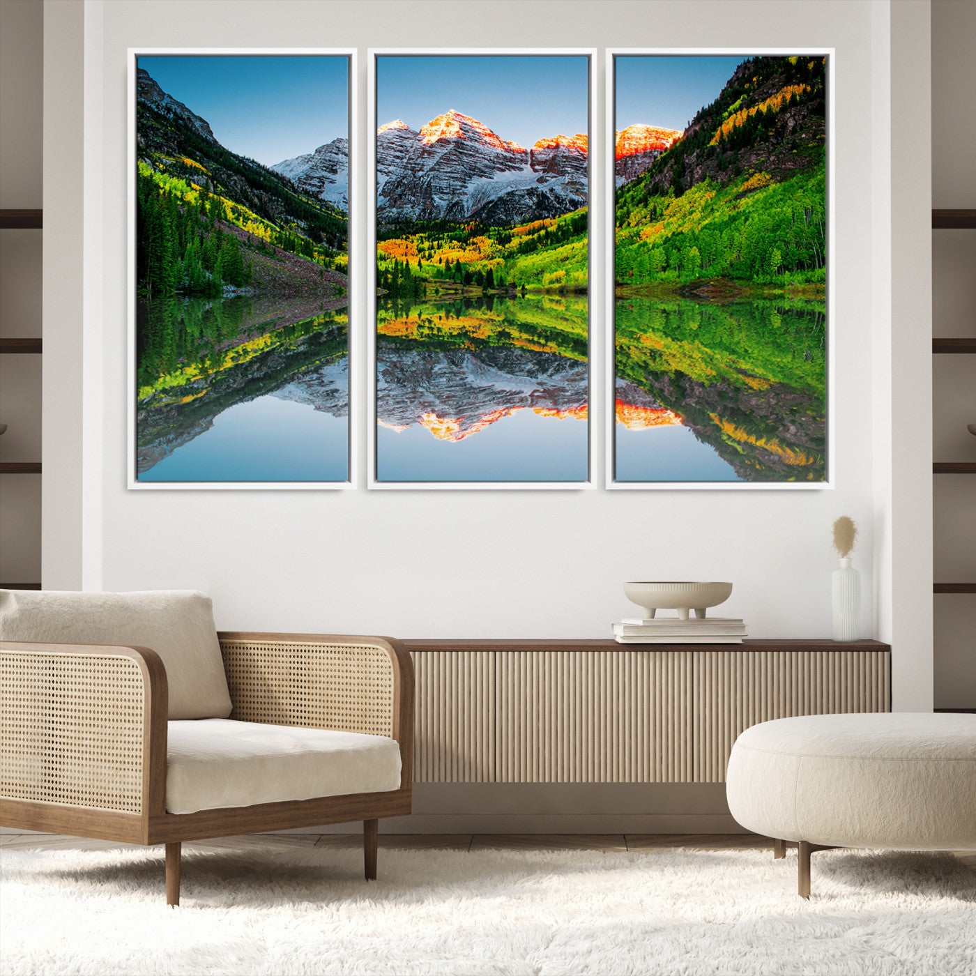 17996974-MGV-FC-48X32-3P_White-Maroon Bells Lake Print Wall Art – Majestic Colorado Mountain Landscape, Autumn Reflection, Multi-Panel Framed Artwork for Home