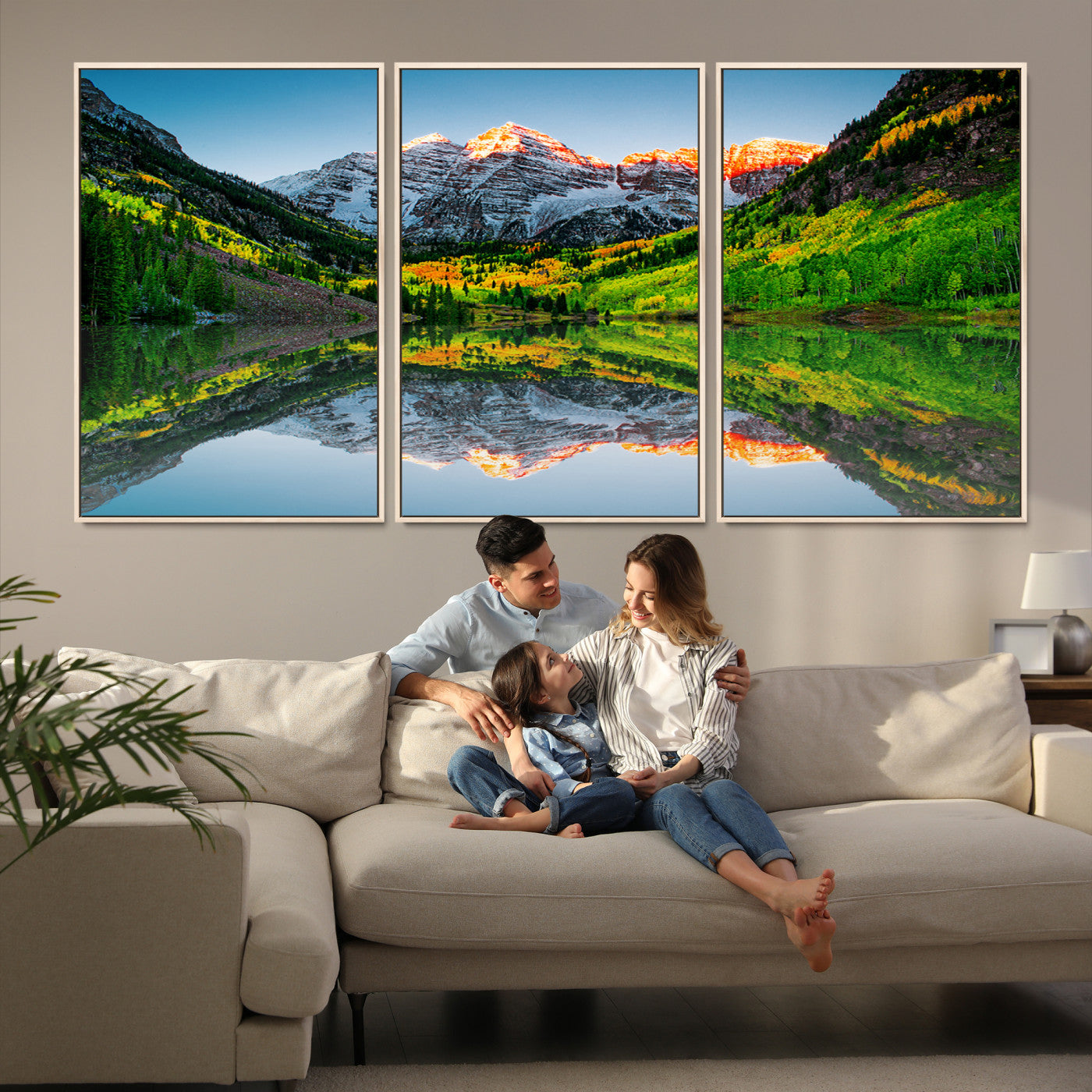 17996974-MGV-FC-60X30-3P_Natural-Maroon Bells Lake Print Wall Art – Majestic Colorado Mountain Landscape, Autumn Reflection, Multi-Panel Framed Artwork for Home