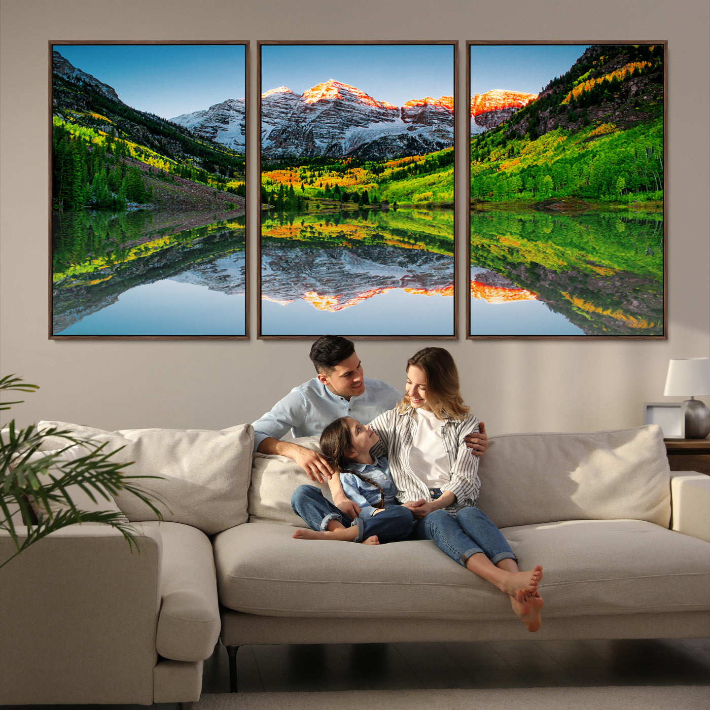 17996974-MGV-FC-60X30-3P_Walnut-Maroon Bells Lake Print Wall Art – Majestic Colorado Mountain Landscape, Autumn Reflection, Multi-Panel Framed Artwork for Home