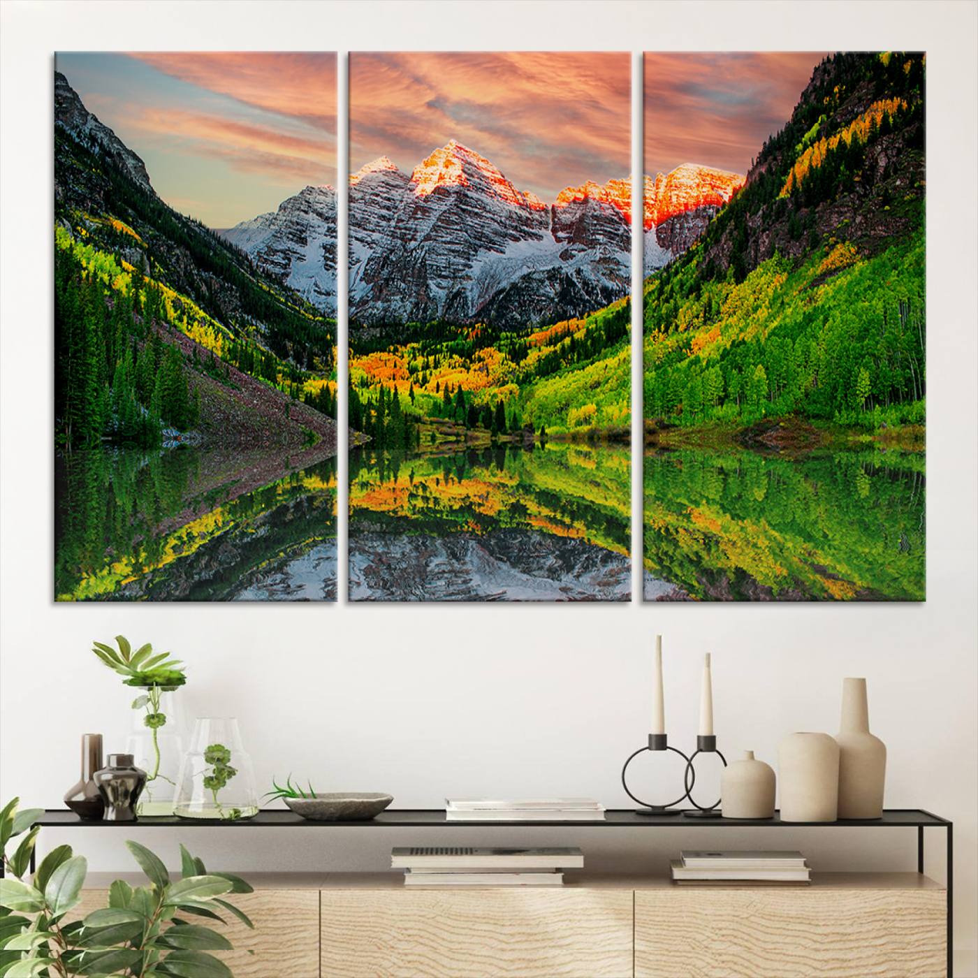 59533484-MGV-CV-36X24-Maroon Bells Lake Wall Art Canvas Print – Majestic Colorado Mountain Landscape, Autumn Reflection, Multi-Panel Framed Artwork for Home,