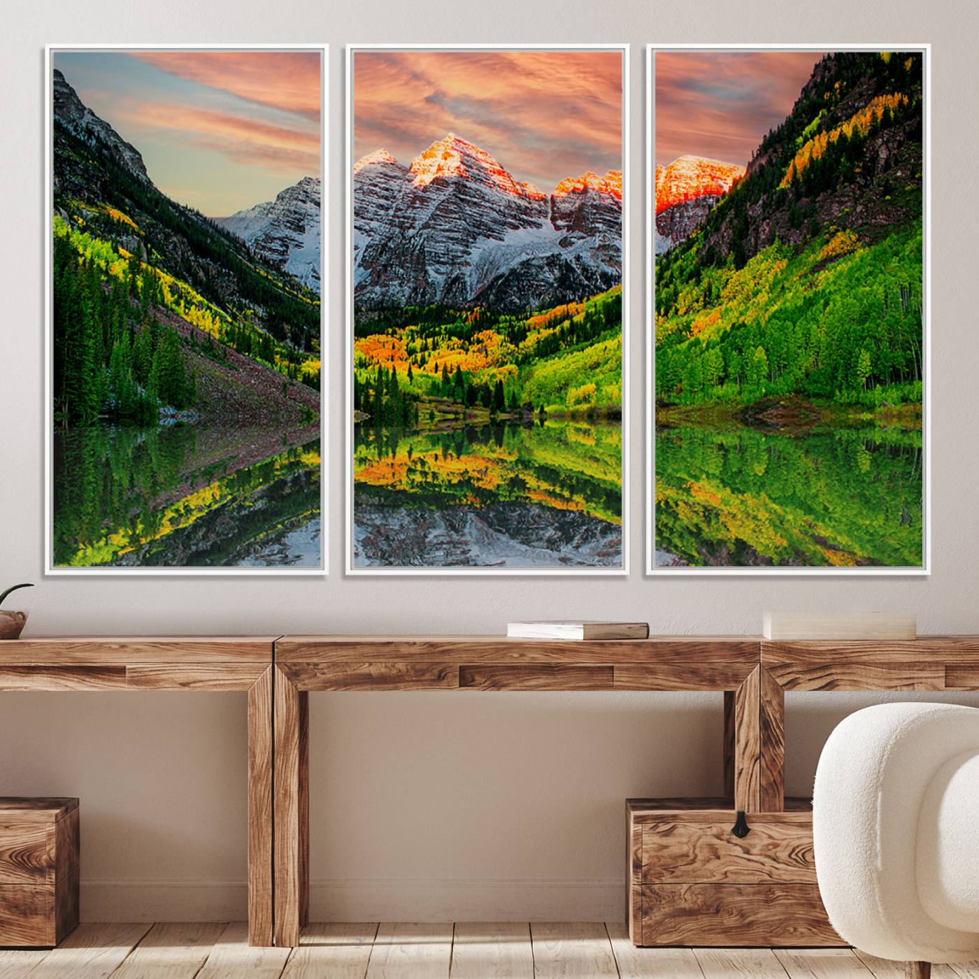 59533484-MGV-CV-36X24-Maroon Bells Lake Wall Art Canvas Print – Majestic Colorado Mountain Landscape, Autumn Reflection, Multi-Panel Framed Artwork for Home,